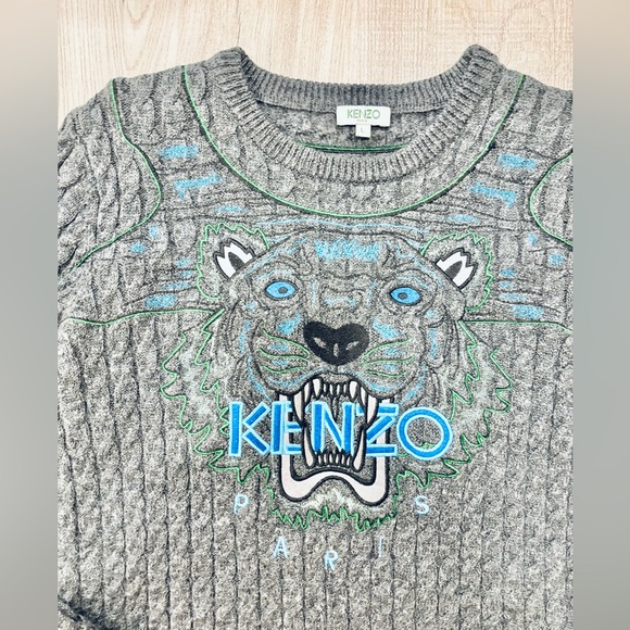 Kenzo Paris Embroidered Logo Tiger Gray Wool Cable Knit Sweater - Picture 3 of 8